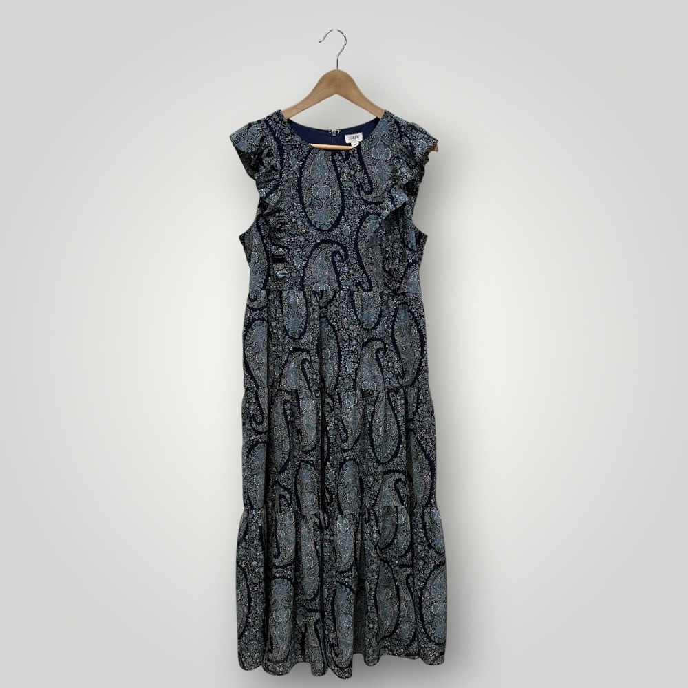 J.Crew Womens Blue Paisley Tiered Ruffle Midi Dress B0664 Size 12P Petite - Picture 2 of 12